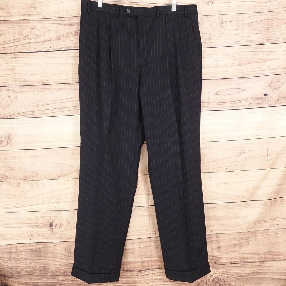 Chaps Wool Dress Pants 37x31 (38x32) Blue Pinstripe Classic Fit Pleated Cuffed